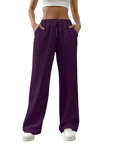 Image of TOPLOT Women's Linen Blend Wide Leg Palazzo Pants | Elastic Drawstring Waist Trousers for Woman | Relaxed Fit Casual Lounge Trousers | Breathable Straight Leg Everyday Bottom Wear (5268)