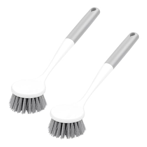 Image of 2 Pack Kitchen Scrub Brushes for Cleaning Dish Brush with Handle for Pans, Pots, Kitchen Sink Cleaning Scrub Brushes (PP Plastic)