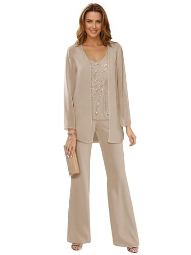 3 Pieces Mother of The Bride Pant Suits for Women Chiffon Sequin Formal Wedding Pantsuit with Jacket WT014 Champagne