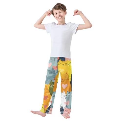 Cartoon Cat Love Heart Boys Long Pants Soft Trousers Elastic Waist Kids Lounge Bottoms with Pockets S-XL3