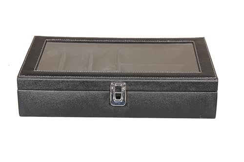 Image of Sukeshcraft 6 Slot Watch Organizer Case with Lock - Premium Black PU Leather Watch Box for Men - Sunglass Storage Compartment (Black Pu - Black Velvet)