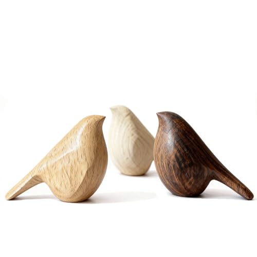 JUAZHX Natural Wood Bird Trio 4.1L Set of 3 Small Bird Sculptures & Animal Statues Hand-Finished Modern Coffee Table Shelf Decor Gift-Ready (3 Mixed)