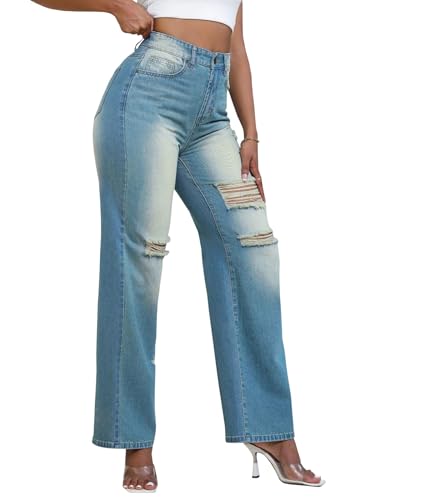 Sexyshine Women's High Waist Straight Leg Ripped Jeans Baggy Loose Washed Distressed Cut Out Y2K Denim Pants2