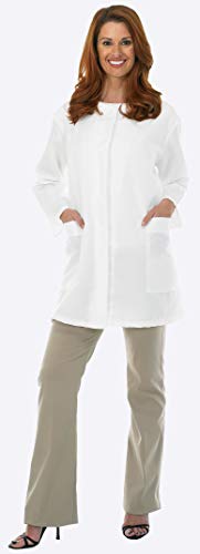 Canyon Rose Long Sleeve Salon Esthetician Jacket, Soft, Durable Stretch Poplin, A-Line with Long Sleeves, Concealed Button Closure, Collar, Two Lower Pockets, Stylish Chest Pocket, White, M/L