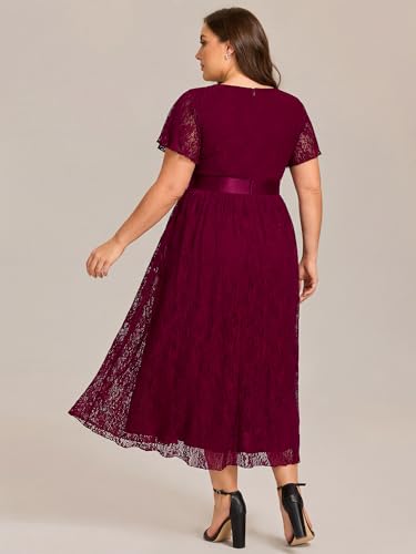 Image of Ever-Pretty Plus Women's Lace Round Neck Short Sleeves High Low Plus Size Midi Cocktail Wedding Guest Dresses Burgundy US22