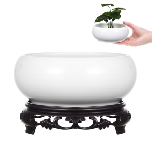 FOMIYES Maceta Hidropónica de Cerámica Azul y Blanca para Narcisos, Maceta Redonda Grande con Base de Plástico, Jardinera para Interior y Decoración de Balcón, Macetero sin Agujeros
