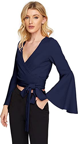 Image of TASHVIKA'S Women's Long Sleeve V Neck Tie Knot Wrap Blouse Top
