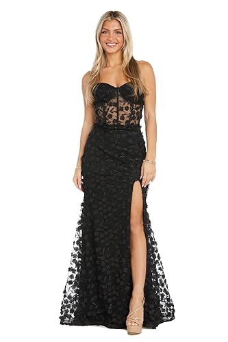 Image of Women's Long Strapless Corset Gown W / 3D Floral Applique, Sheer Illusion Bodice, Side Slit & Detachable Straps