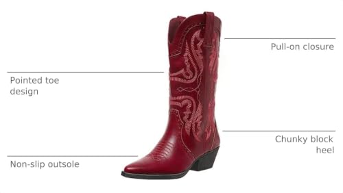Image of SelRoys Cowboy Boots for Women Cowgirl Mid Calf Western Boots Embroidered Stitched Pointed Toe Chunky Block Heel Brown Red Black US5-11