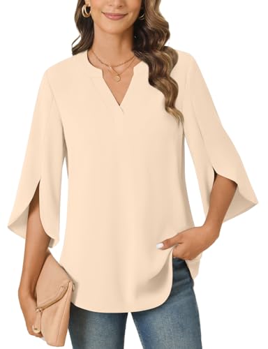 Anyally Women's Chiffon Blouses 3/4 Sleeve Summer Dressy Tunic Tops Casual Loose V Neck T-Shirts3