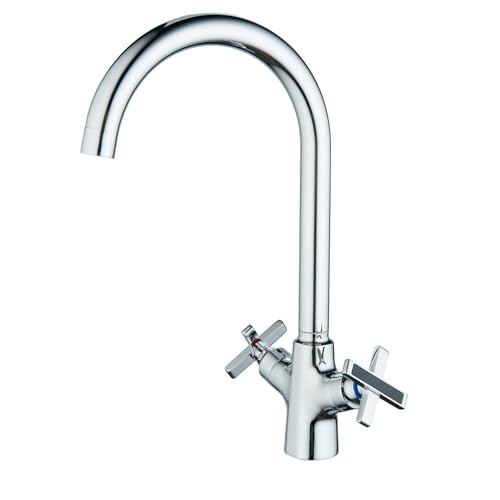 BELZ Rubinetto Lavello Cucina, Miscelatore 360° Girevole con Acqua Calda e Fredda Regolabile, Rubinetto Miscelatore Doppio Comando con 2 Manopole Croce, Rubinetti per Lavelli da Cucina, Ottone Cromato