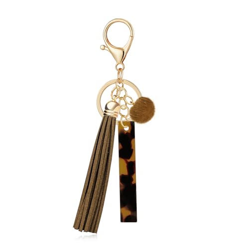 OKAICEN Brown Faux Tortoiseshell Pattern Initial Letter 'I' Keychain for Women Girls, Leopard Print Acrylic Alphabet Key Ring with Tassel & Pom Pom, Bag Charm for Car Keys Handbag Backpack Purse