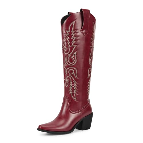 Image of wetkiss Women's Pointed Toe Cowboy Boots | Knee High Cowgirl Boots, Retro Embroidery, Chunky Heel, Pull-On, Style for a Classic Western Look,Stable and Comfortable