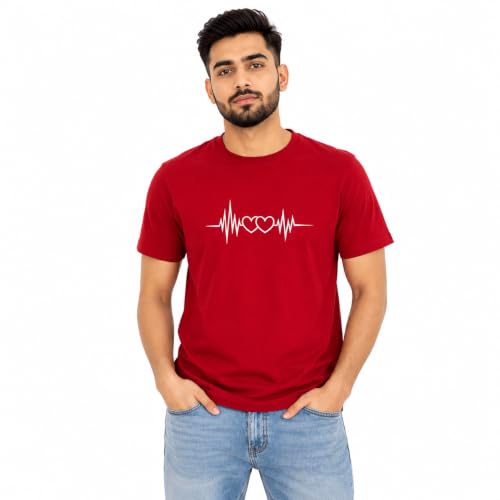 Image of Matching Couple T Shirt for Men & Women | Heartbeat Printed Cotton Couple T-Shirt | Round Neck Half Sleeve Regular Fit | Valentine's Day, Pack of 2 | Red