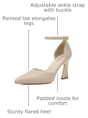 Image of RIBONGZ Comfortable Kitten Heels for Women Pointed Closed Toe Ankle Strap Buckle Heels Slip on Low Heel Church Pumps Wedding Bridal Party Dressy Shoes