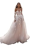 Women's Aline Corset Wedding Dresses for Bride Long Sleeve Strapless Lace Wedding Gowns White Size 2