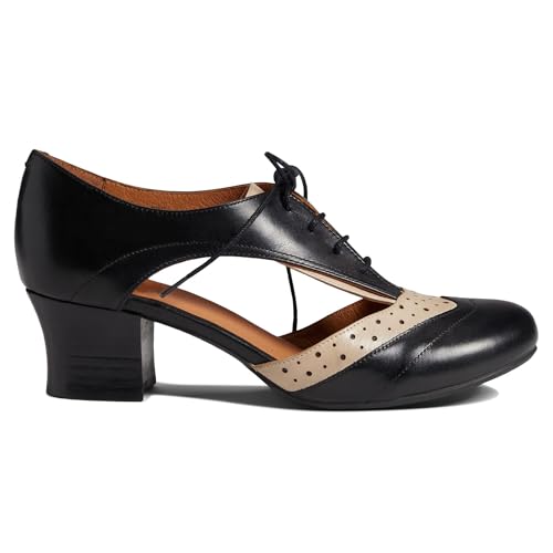 SHODENSE Women Chunky Heel Oxford Brogues Round Toe Lace Up Oxford Heels Cut Out 2 inch Stacked Block Heel Oxford Sandals Perforated Two Tone Vintage Retro Office Party Summer 4-11 M US2