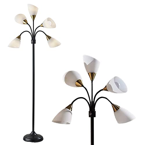 Adesso 7205-01 Multi-White Shade Floor Lamp, Adjustable Gooseneck Arms, Black w. Antique Brass Accents