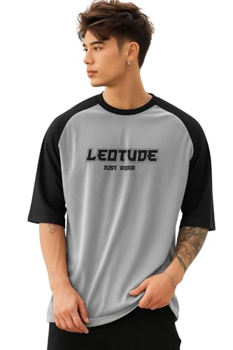 LEOTUDE Men Half Sleeve Dri-Fit Round Neck Tshirt| Colorful Oversized Fit T-Shirt for Mans (FS33_Raglan_P_Grey_L)