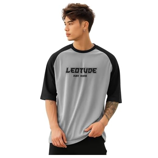 LEOTUDE Men Half Sleeve Dri-Fit Round Neck Tshirt| Colorful Oversized Fit T-Shirt for Mans (FS33_Raglan_P_Grey_L)