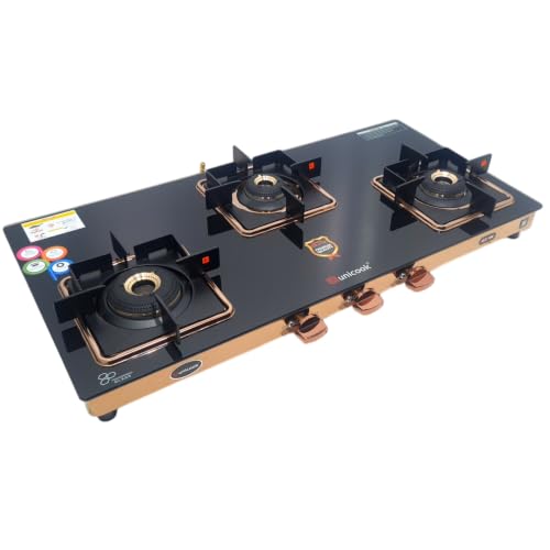 Image of Unicook Ultra SlimRG 3 Burner Gas Stove | Auto Ignition | Forged Brass Burners | 6mm Glass Cooktop | ISI Certified | 3 Years Warranty on Glass & Burners + 2 Year Comprehensive Warranty