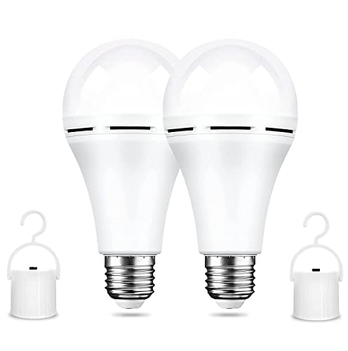 Rechargeable Emergency LED Bulbs - Daylight 7500K 12W 1200LM, 2200mAh Battery Backup Light Bulb for Power Outage Camping Outdoor Activity, Pack of 2