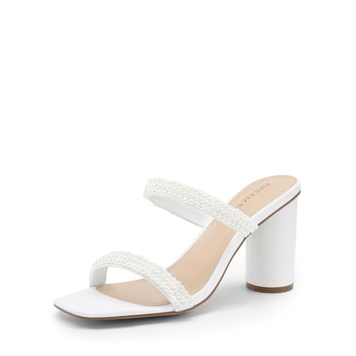 DREAM PAIRS Women's Square Open Toe Block Heels Two Strap Slip On High Heeled Slides Sandals 9 White-pearl