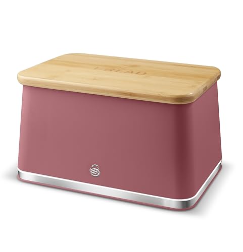 Swan Nordic SWKA18523FUS Bread Bin with Iron Body, Non-Slip Base, Stylish Soft Touch Matt Finish and Acacia Wood Pull Up Lid, 16L, Fuchsia Rose - Cosy Home Interiors Swan Nordic SWKA18523FUS Bread Bin with Iron Body, Non-Slip Base, Stylish Soft Touch Matt Finish and Acacia Wood Pull Up Lid, 16L, Fuchsia Rose