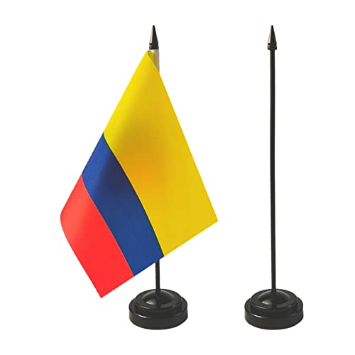 1 American And 1 Colombian 8"X5" Miniature Desk & Table Flag, Includes 2 Flag Stands & 2 Small Mini Stick Flags, Usa American & Colombia Flags,Colombia Room Flag #TOP4