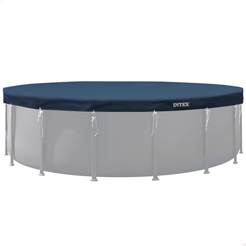 Intex Cobertor Piscina Redonda, Mide 4,88 Metros diámetro, Azul Oscuro, Incluye cordón de Agarre, Agujeros de Drenaje, Voladizo de 20 cm, Funda de Piscinas, Lona Circular Protectora (58015)