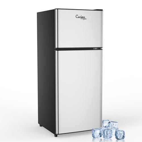 Image of Cucina Magica 3.8 Cu Ft Mini Fridge for Bedroom, 2 Door Small Fridge, 7 Level Thermostat, LED Light, Small Refrigerator for Bedroom, Office, Dorm