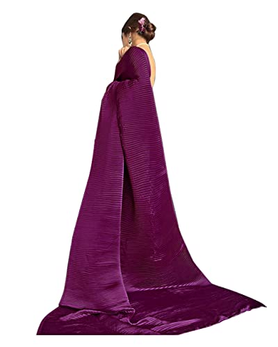 Image of StyleScope Women's Full Crushed Pleated Satin Saree With Unstitched Blouse Piece (Pleatedd)