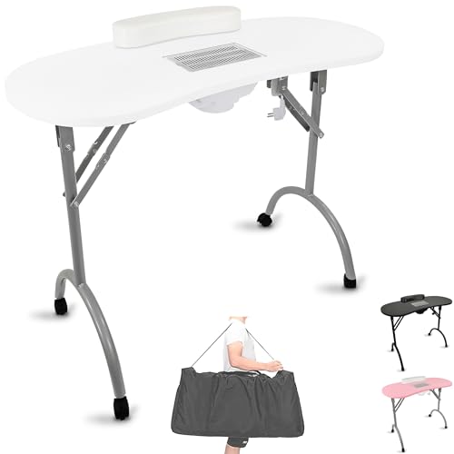 BELTOM® Table DE MANUCURE avec ASPIRATEUR Pliable TRASPORTABLE + Sac Ne pèse Que 12 KG ! 98 x 44 x 77 cm - Blanc