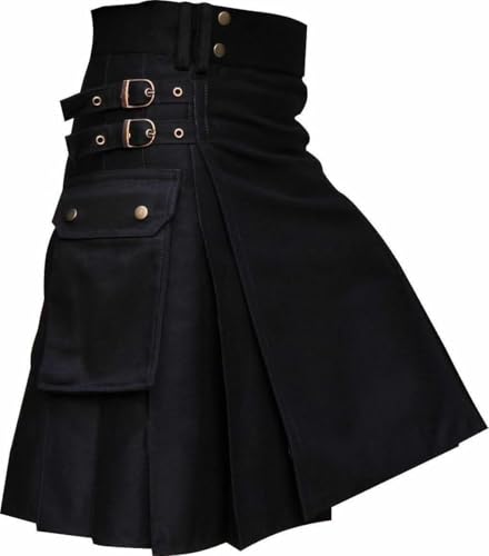 Kilt utilitaire écossais noir en coton traditionnel à double boucle de 61 cm pour homme