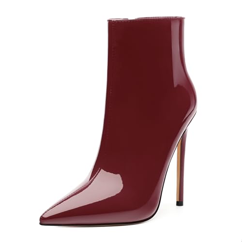FOGEENA Ankle Boots for Women Pointed Toe Stiletto High Heel Patent Leather Side Zipper 4.7 Inch Short Booties Sexy Wedding Dating Work Fall Shoes