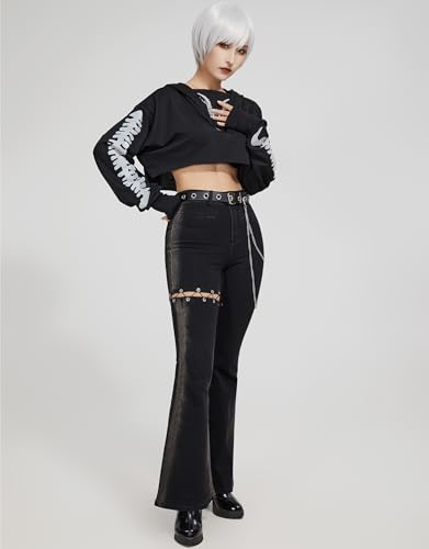 Women's Y2K Gothic Casual Bell Bottom Flared Jeans Pants with Waist Belt and Chain Accessories2