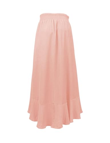 Image of Minclouse Women's Elastic Tie Waist Button Down Maxi Skirts Casual Loose Flowy Swing Slit Front Dress