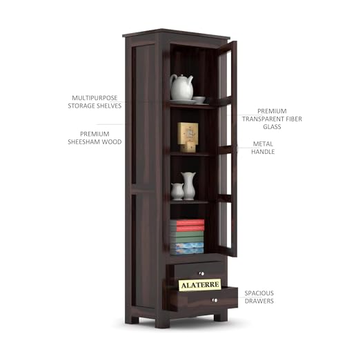 Image of Wood Book Shelf with Glass Door, Wooden Book Rack for Home Library, Kitchen Crockery Cabinet, Wooden Almirah, Bookcases, Book Shelf Storage 2 Drawers, Home Furniture, Walnut Finish