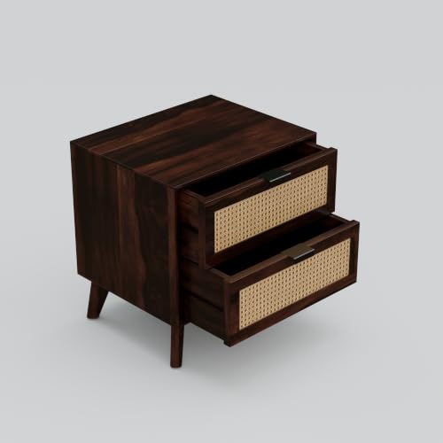 Image of Solid Sheesham Wood Bedside Table with 2 Cane Rattan Drawers | Wooden Nightstand with Spacious Storage (Walnut Finish)