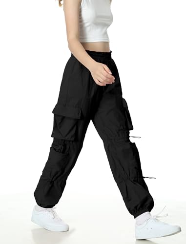 Image of EXARUS Girls Parachute Pants Cargo Hip Hop Wide Leg Baggy Y2K Teen | Tween Casual School Dance Streetwear with Pockets Elastic Waist Youth Junior Kids Bottoms Hiking 8-14Y