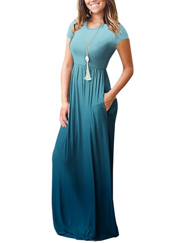 Image of MISFAY Women's Short Sleeve Maxi Dresses Long Casual Dresses with Pockets | Empire Elastic Waist, Crew Neck, Floor Length, Strentchy Flowy A Line Fit, Loose Plain Summer Outfits, Vacation Wear
