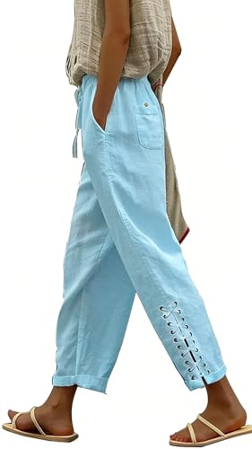BIRW Size L Sky Blue Lace Up Womens Cotton Linen