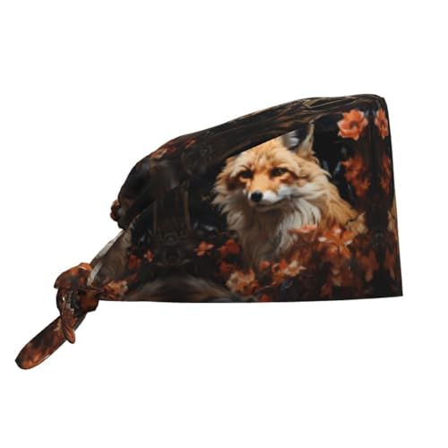 YYHWHJDE Bouffant - Gorras quirúrgicas ajustables con estampado de zorros y flores, para hombres y mujeres, color negro, Negro, Talla única