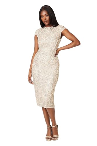 Image of Coast Cap Sleeve Pearl Embellished Pencil Dress, 12, Champagne
