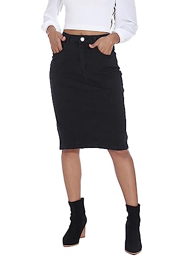 Guanyy GYY345_3B_XL Black Denim Skirt Stretchy High Rise Slim Fit Mid Blue Jean Skirts With Pockets Women'S Weekend Skirts 3_Black X-Large thumb #10