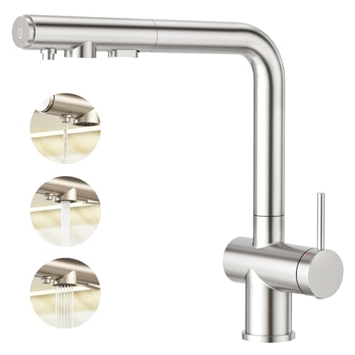 Faustina 3 Wege Küchenarmatur mit Brause ausziehbar Einhebelmischer Armatur Wasserhahn Spültischarmatur Trinkwasserhahn Küche für Osmoseanlage Umkehrosmose und Wasserfilter aus Edelstahl gebürstet