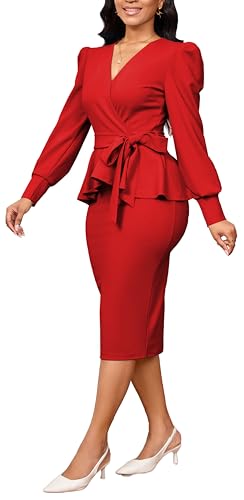 Image of Dresses for Women Elegant Long Sleeves Ruffles Pencil Knee Length Split Business Dress with Belt Zipper
