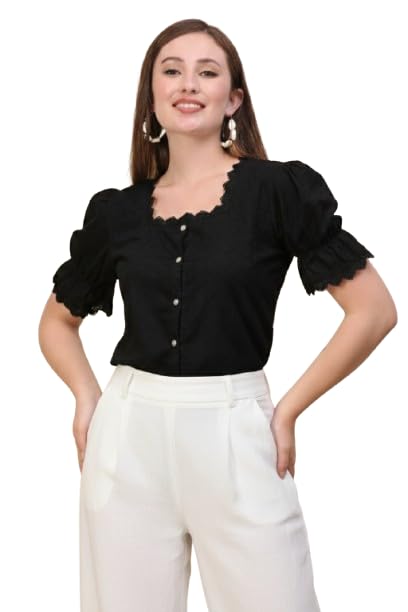 jc jummy couture Women's Black Puff Sleeve Top, Button Front, Scalloped Neckline, Eyelet Embroidery Detail-picture-22