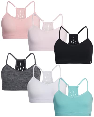 Limited Too Girls' Training Bra - Seamless Racerback Sports Bra, Removable Pads (6 Pk), Size Medium, Caribbean Blue/Peony/Black #TOP4