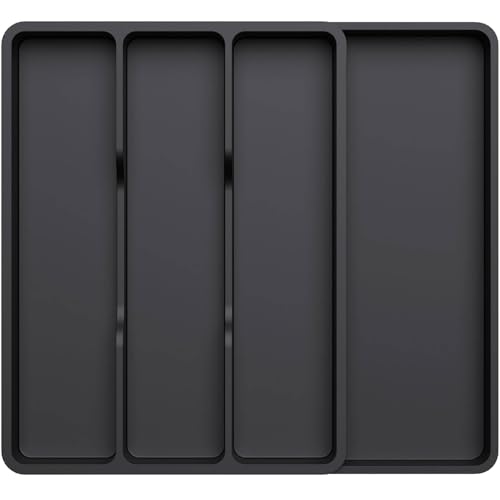 Lifewit Utensil Organizer for Kitchen Drawer, Expandable Cooking Silverware Tray, Adjustable Cutlery Flatware Holder, Plastic Spatula Tools Storage Divider, 17.3 x 15.8", Black